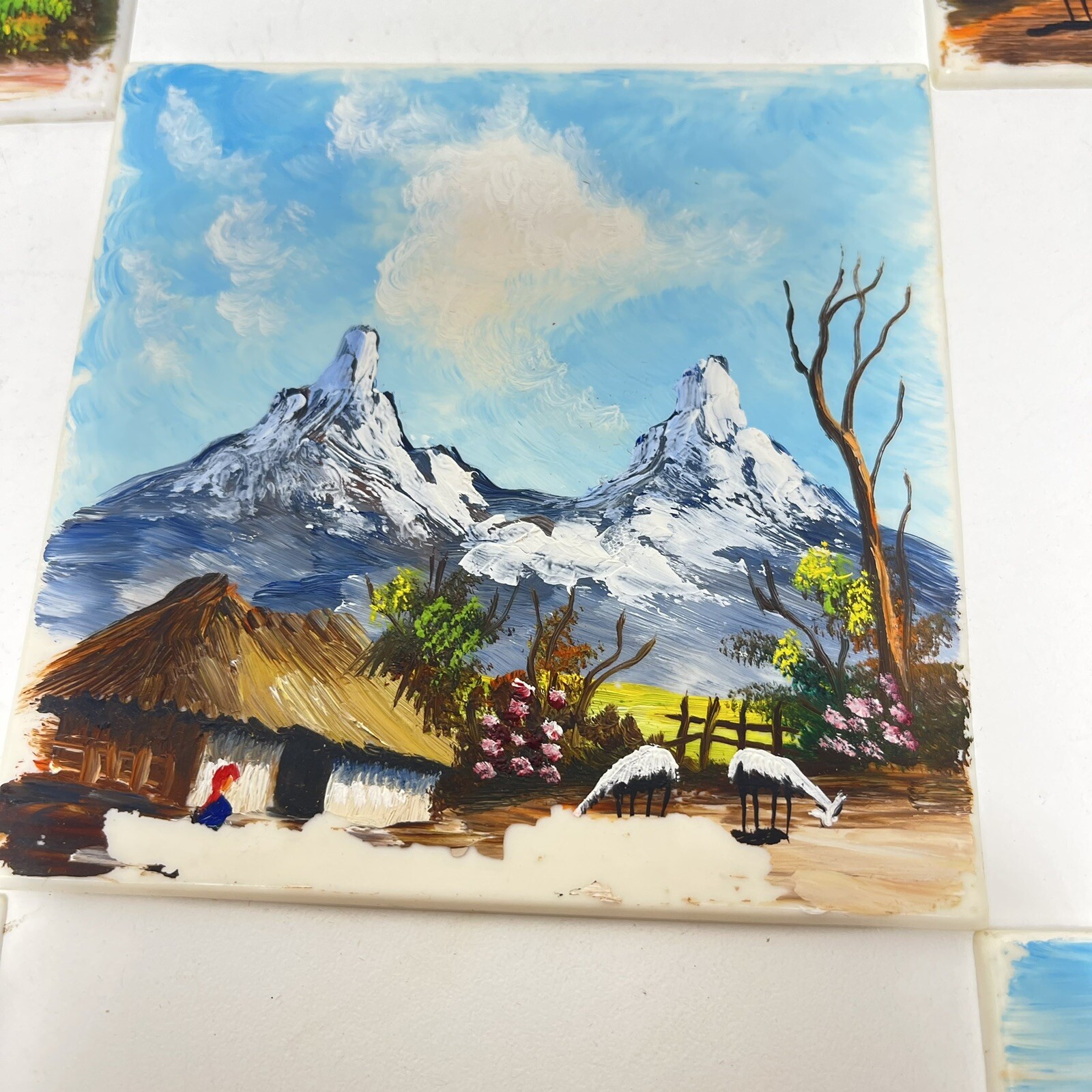 5 Ecuador Folk Art Hand Painted Plastic 4”x 4”Tiles Signed Los Altares Cotopaxi