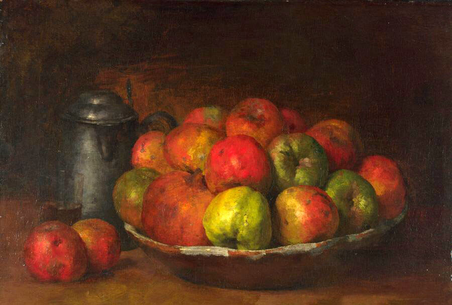 Oil painting gustave courbet – Apples and a Pomegranate still life with plate