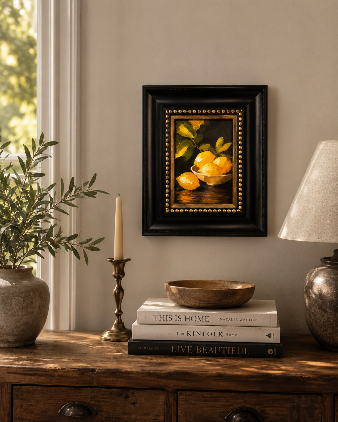 Lemon Still Life Impasto Textured Canvas Print Framed Black Gold Wall Art