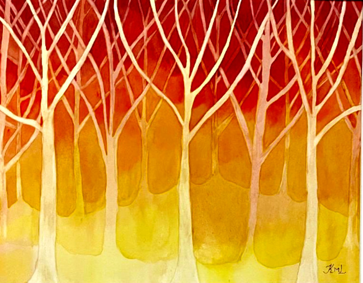 PAINTING WATERCOLOR 11X14 MAT 16X20 TREES FALL LANDSCAPE ORANGE YELLOW ORIGINAL