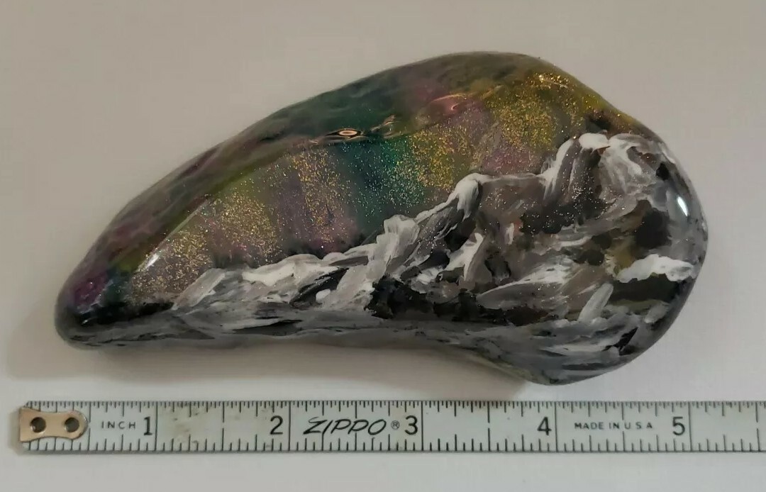 Painted Rock PNW Ocean Rock Aurora Borealis with Mountain.