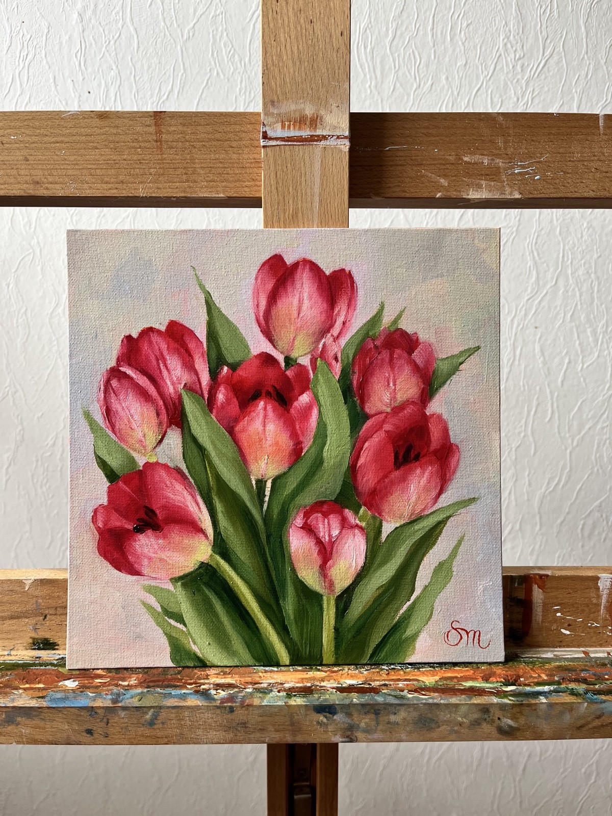 Tulip original oil painting 10×10 in (25x25cm) Realistic red pink flowers