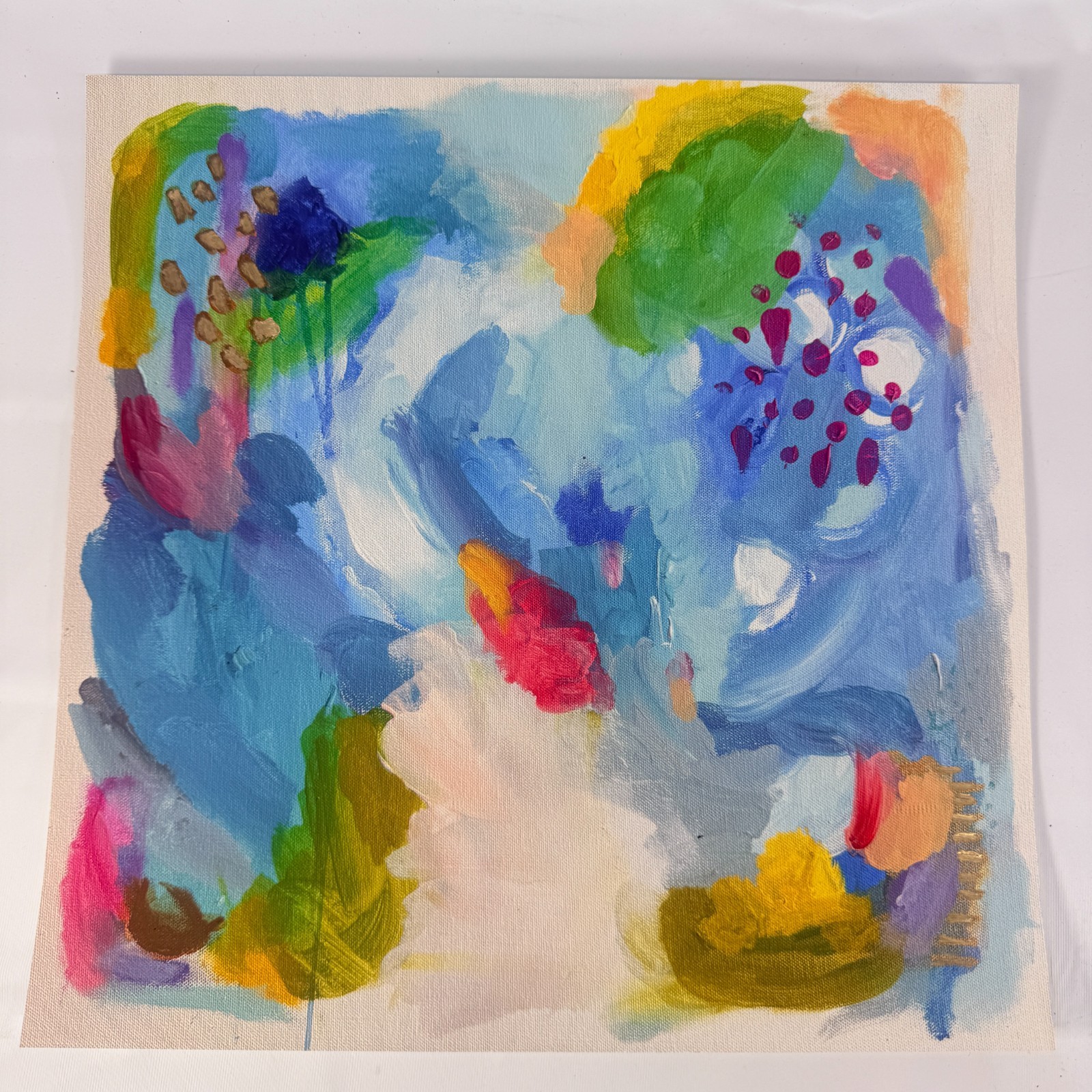 Abstract Art Painting PRINT on Paper Bright Colorful Blue Signed 12″ x 12″