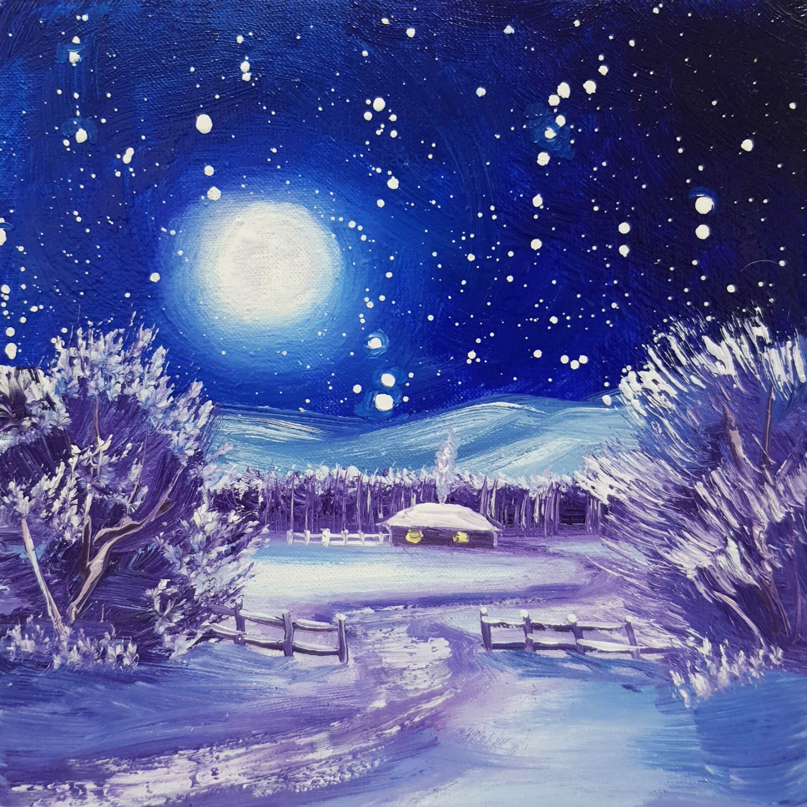 Original Oil Landscape Painting Winter Night Full Moon Snow Cabin Impressionists