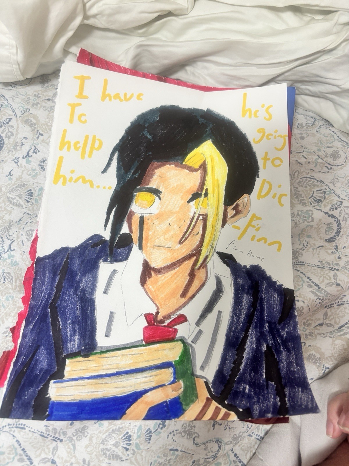 Him Haney Signed Original Anime Manga Portrait Painting Man w/ Books, Paper