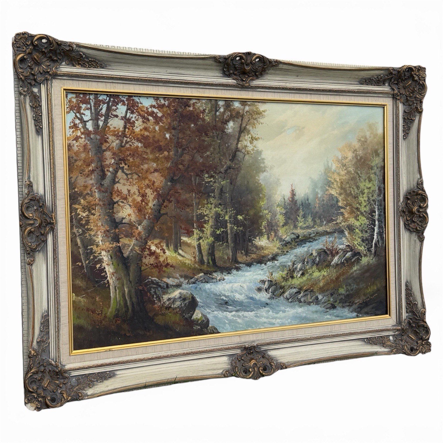 VTG Banater German Oil Painting Autumn River Landscape Ornate Frame Signed 43×31