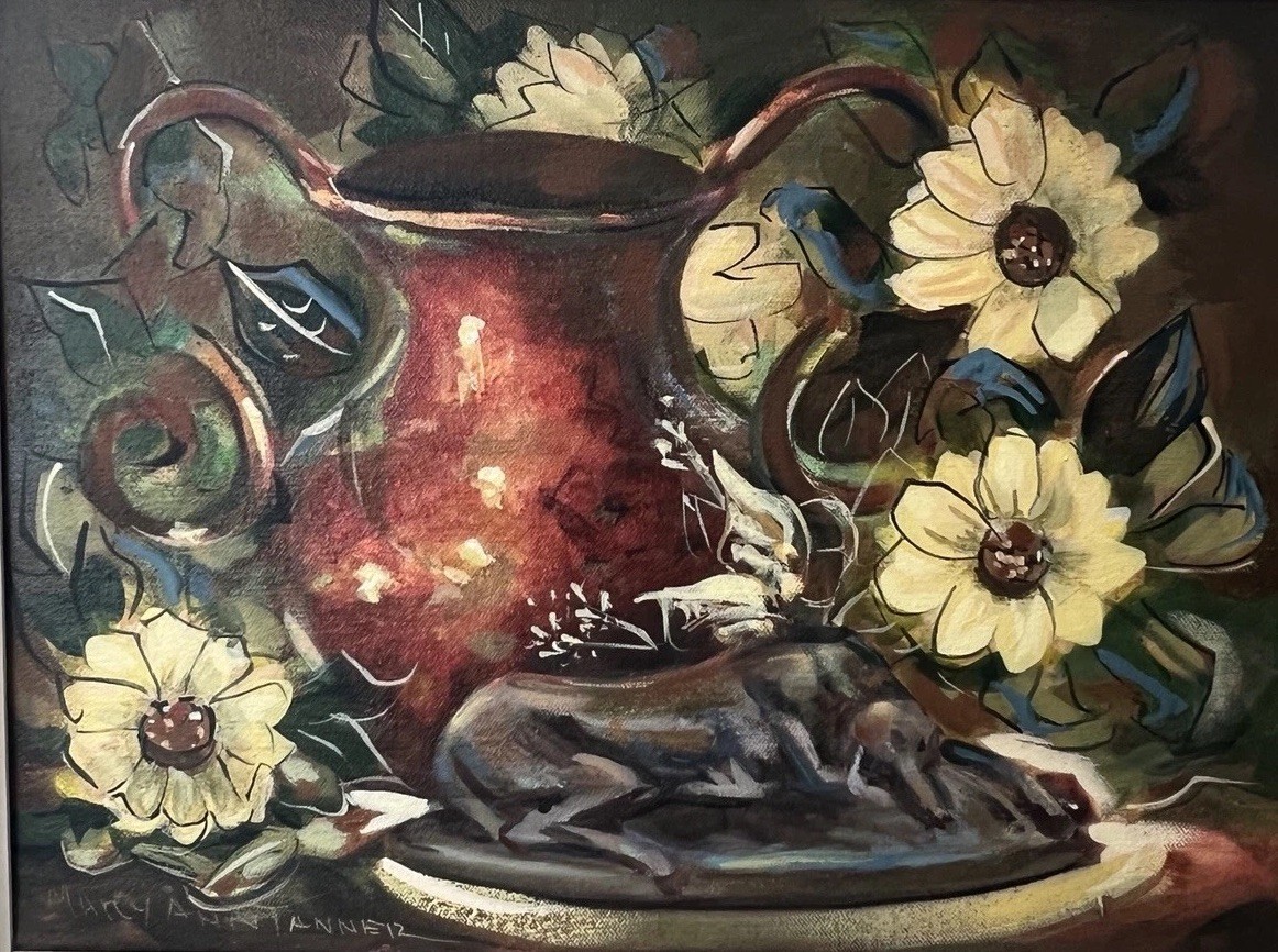 VTG MCM Still Life Oil Painting Red Vase Floral Dog Sculpture On Canvas Framed
