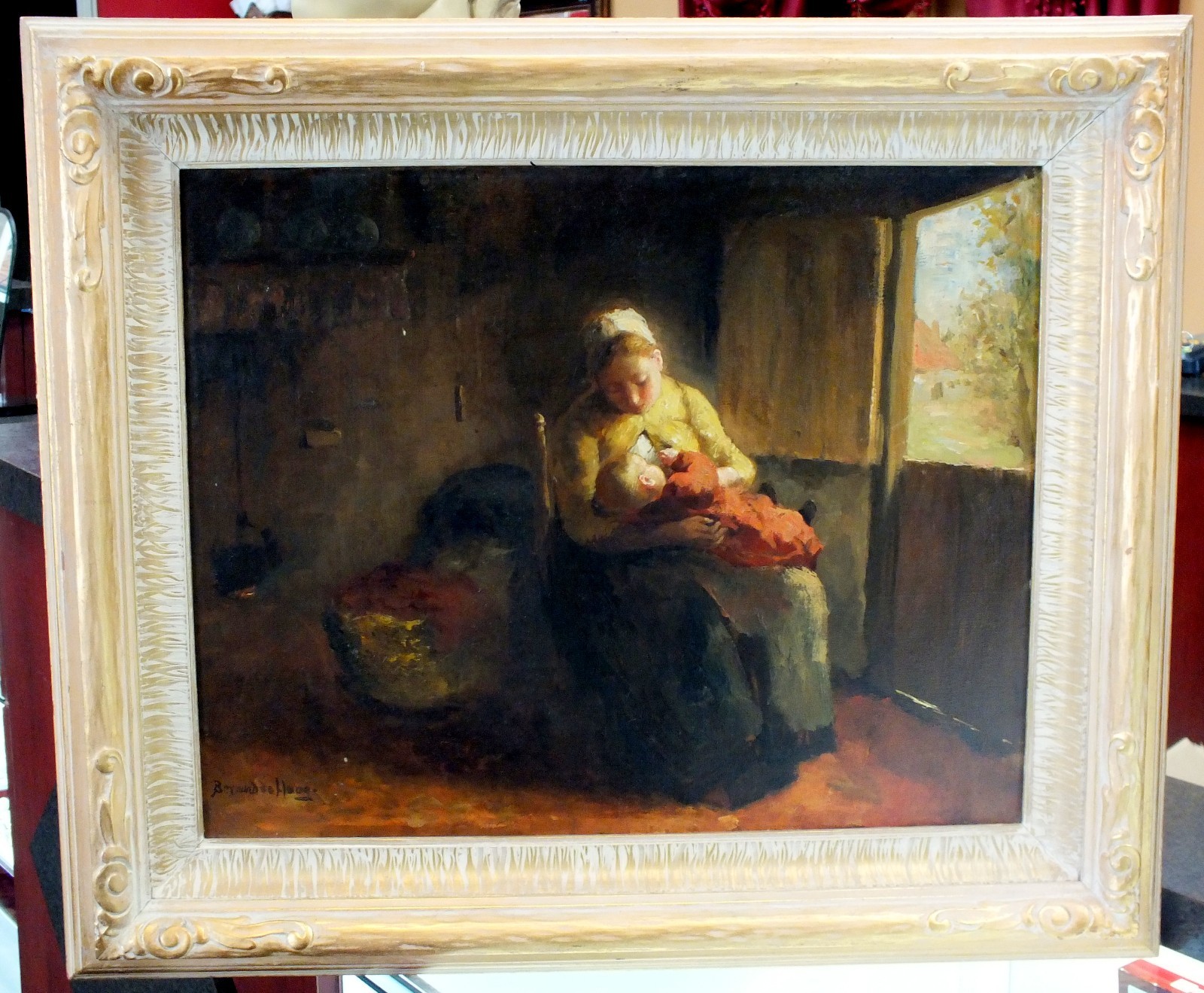 Bernard de Hoog Mother Nursing Child Oil on Canvas Dutch 1863-1943 Baby Art