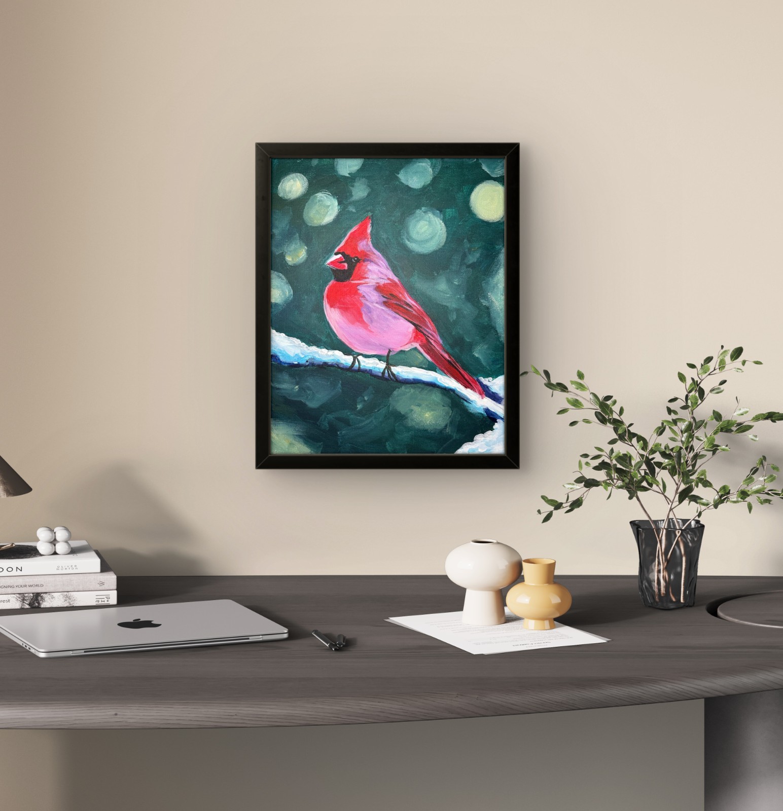 Cardinal Painting EXPRESSIONISM 14X11 ORIGINAL ART Red Bird Garden Decor