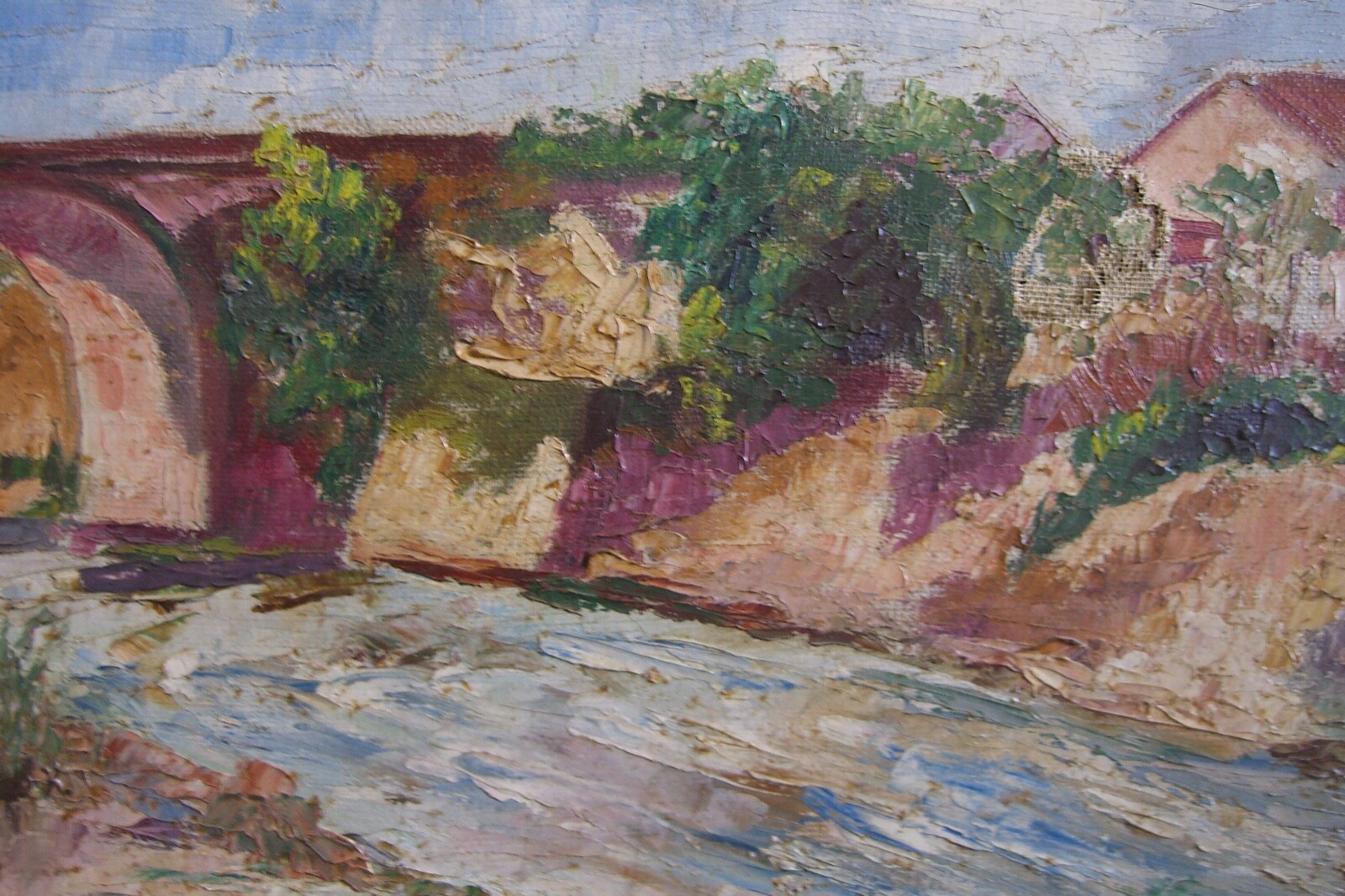 A. MATHIEU Oil on Canvas River Landscape with Bridge Signed 40 cm x 32 cm Used