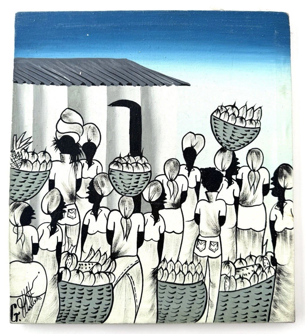 Vintage Small Painting of Black Women at Market Carrying Fruit African Folk Art