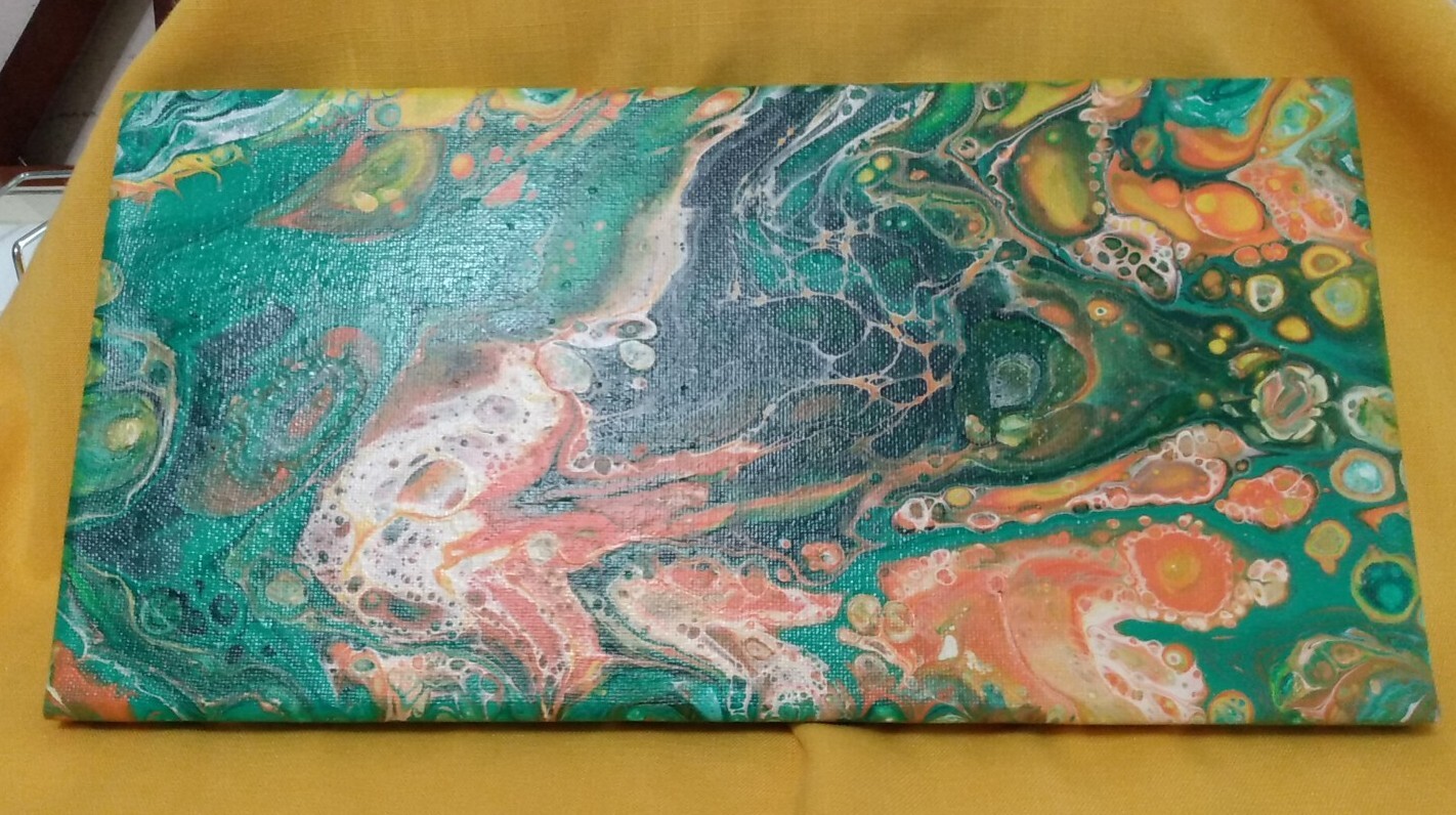 Original Abstract Painting Modern Canvas Wall Art Acrylic Pour OOAK 14″ x 7″ EUC
