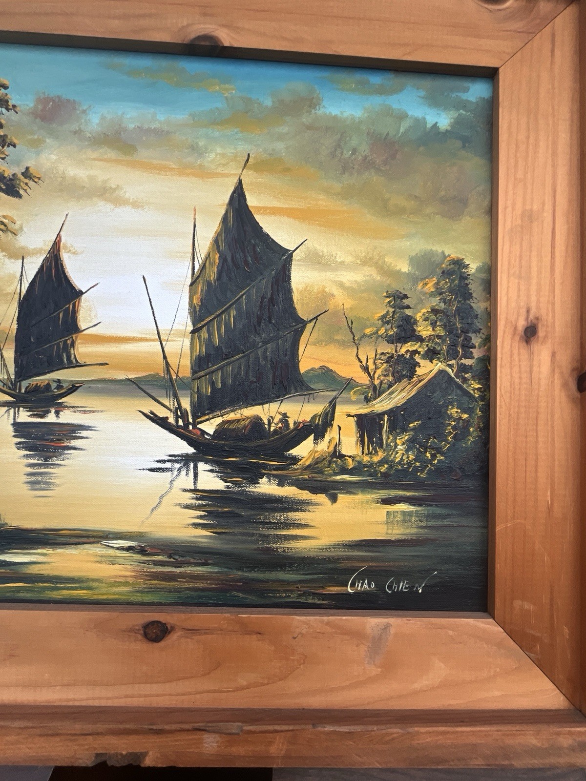 Asian Junk Boat at Sunset Decorative Oil Painting by Chao Chien