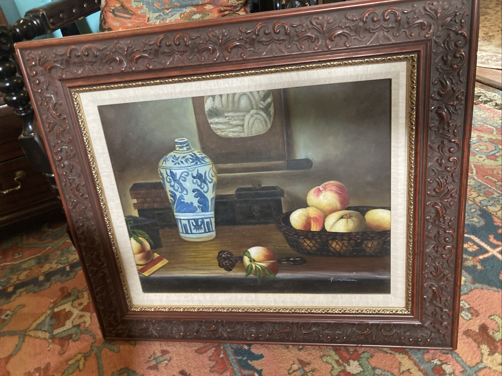 Framed Signed Still Life Painting Fruit Peaches Blue White Vase Asian