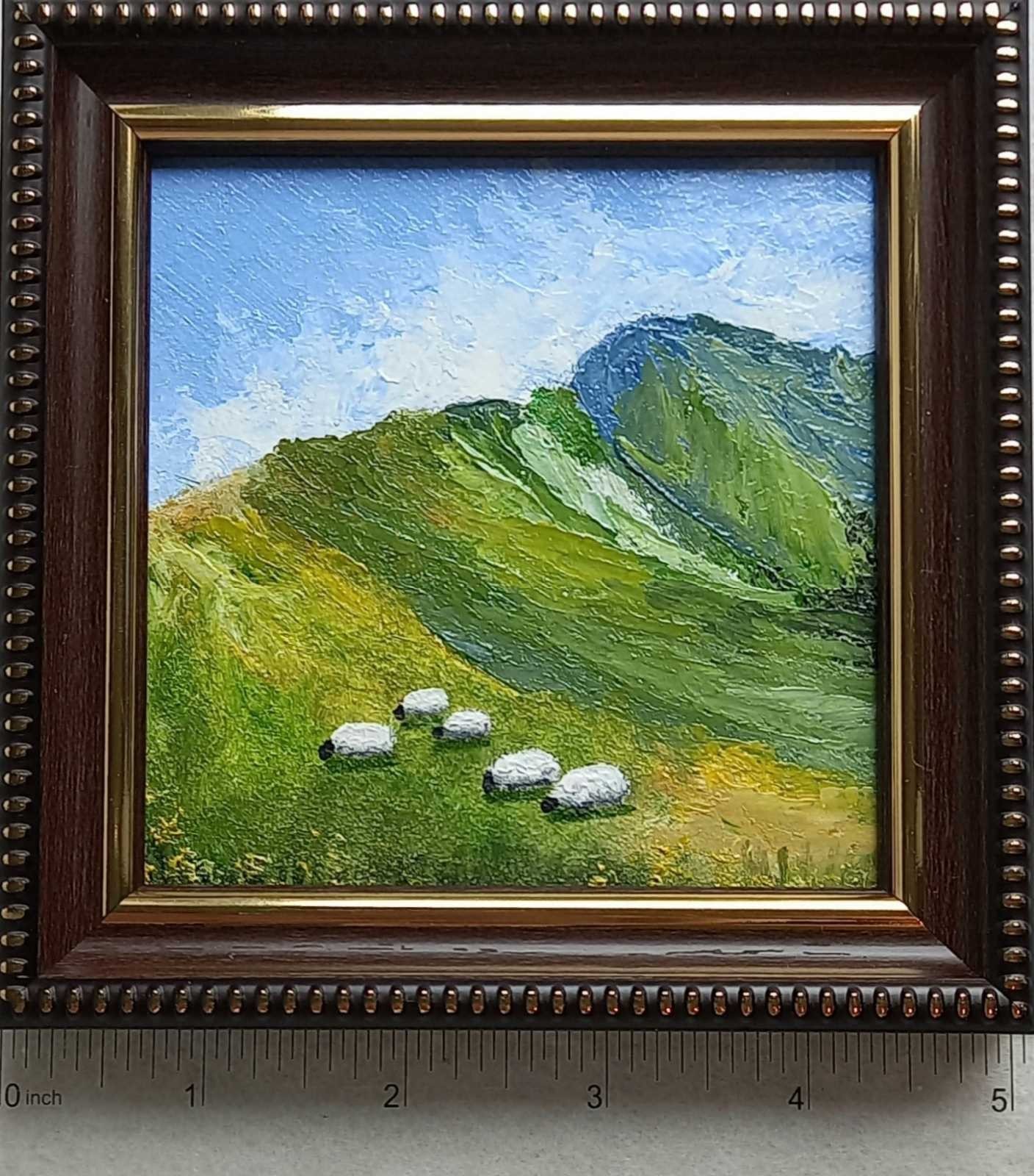 Original Oil Painting Mountain Landscape Sheep Grazing Village Wall Art 4 x 4 in