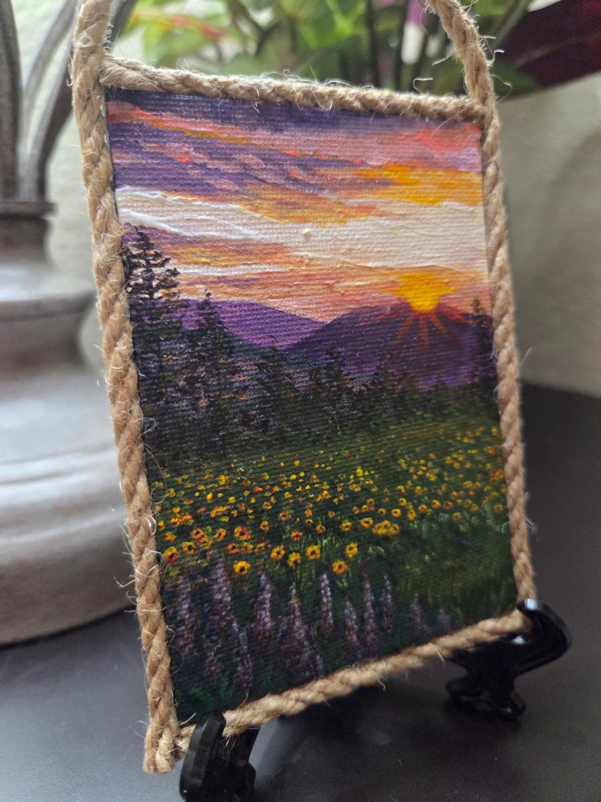 Original Wildflowers Sunset Mini Canvas Acrylic Fridge Magnet Painting 4.2×3 In