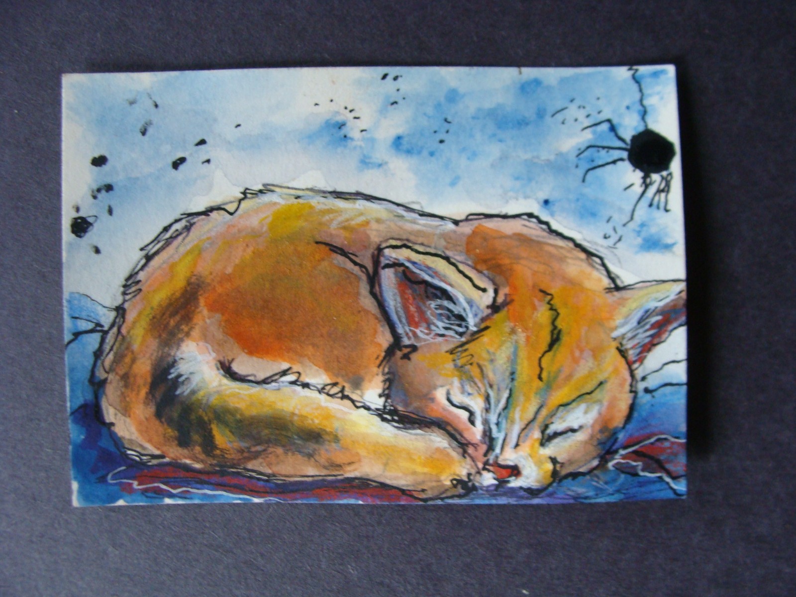 Orig watercolor and ink painting on paper ACEO art CAT’S NIGHTMARE Tarrantts