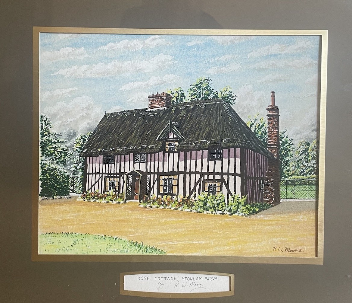 English Cottage Scene Oil Painting by R.W. Moore – Rural England Suffolk