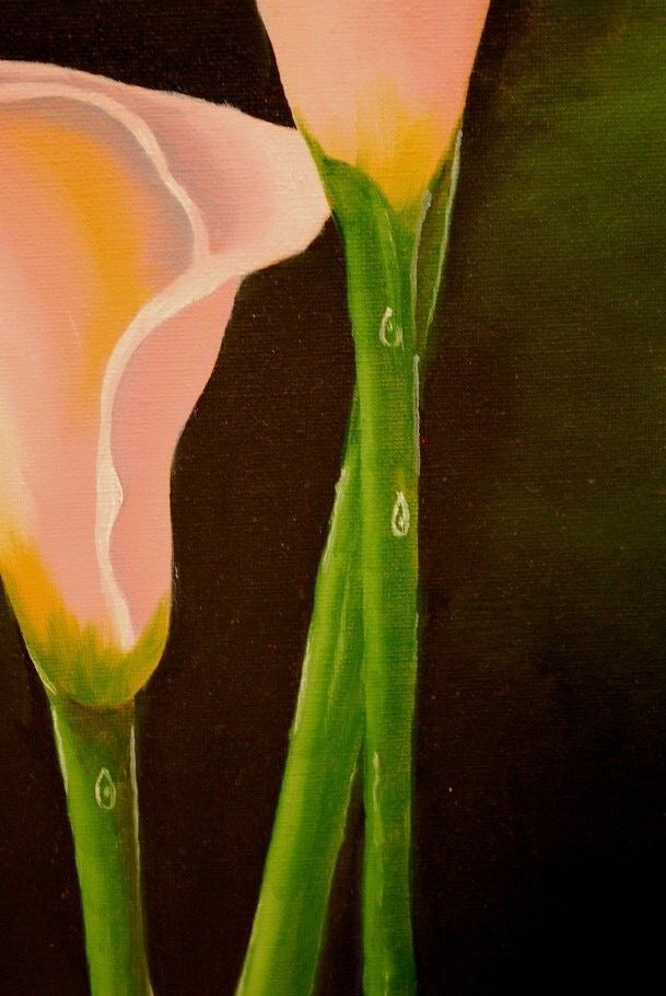 Vintage PINK CALLA LILIES FLOWERS Original Art ACRYLIC PAINTING Signed 24″ x 18″