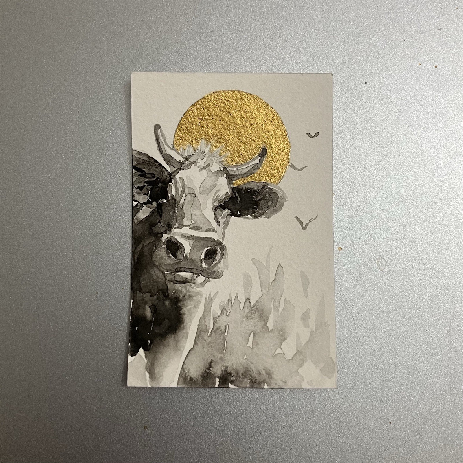 Original Cow painting Miniature Realism Sumi-e Gold Accent Farm Art collectible