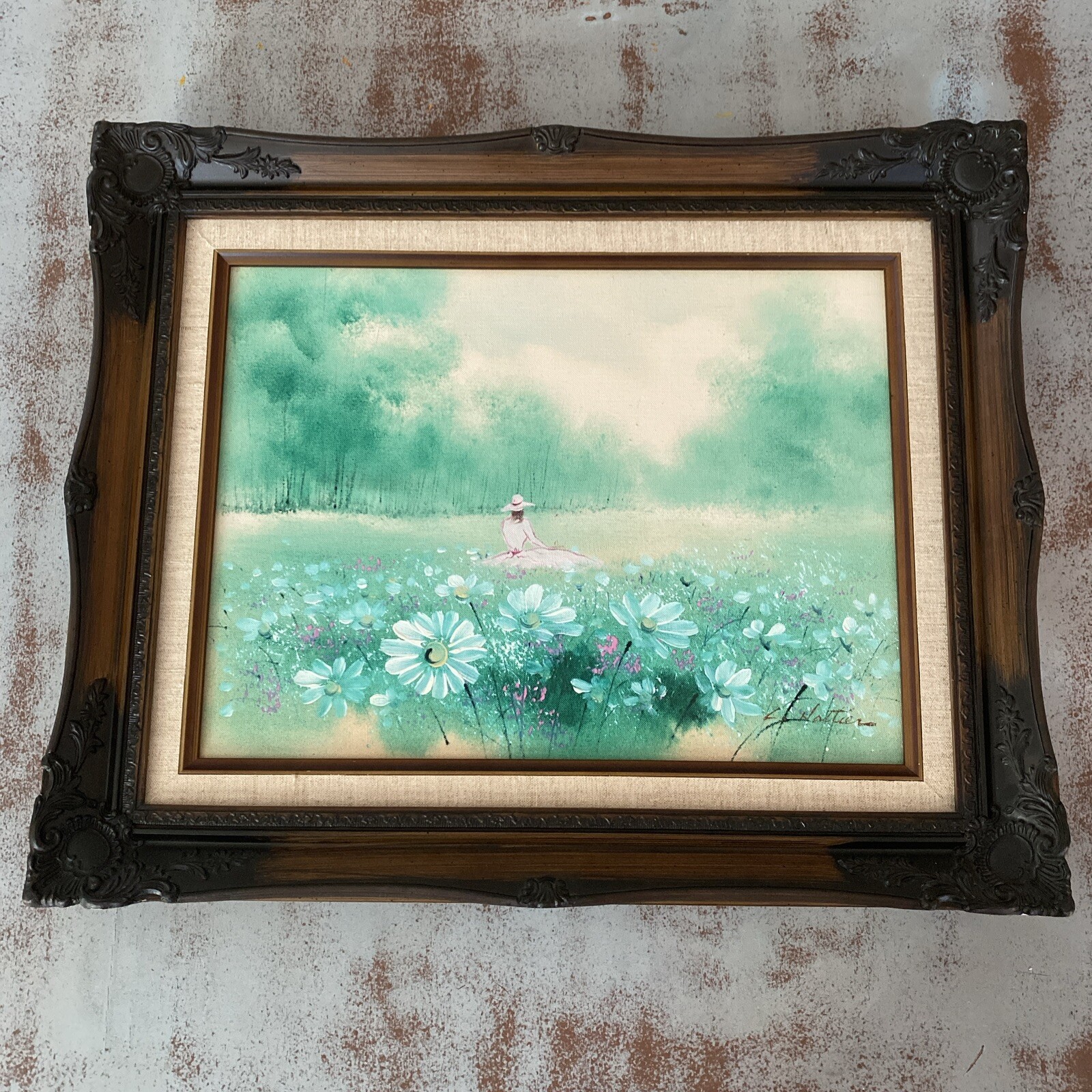 A Lady In Field Flowers Painting In Frame 18×22