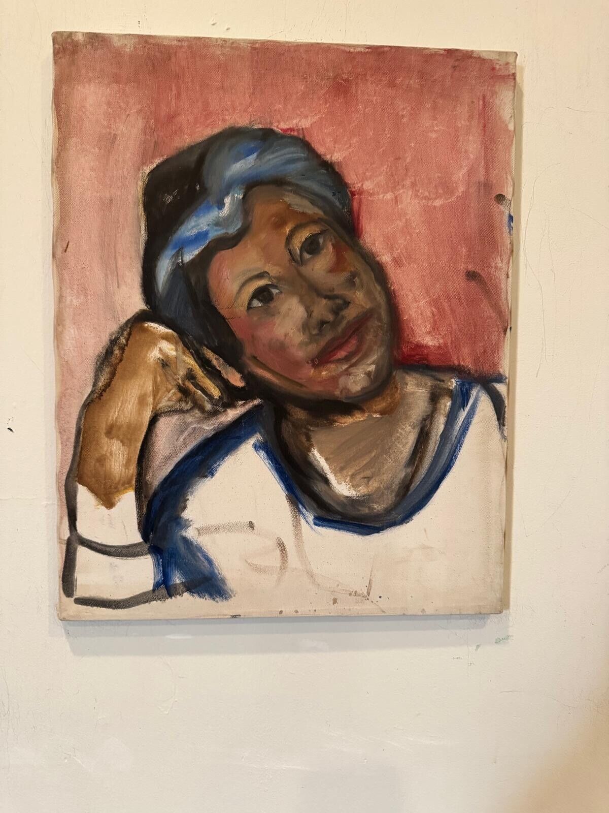 Vintage 16×20 Oil on Canvas Portrait Painting – Woman in Thoughtful Pose