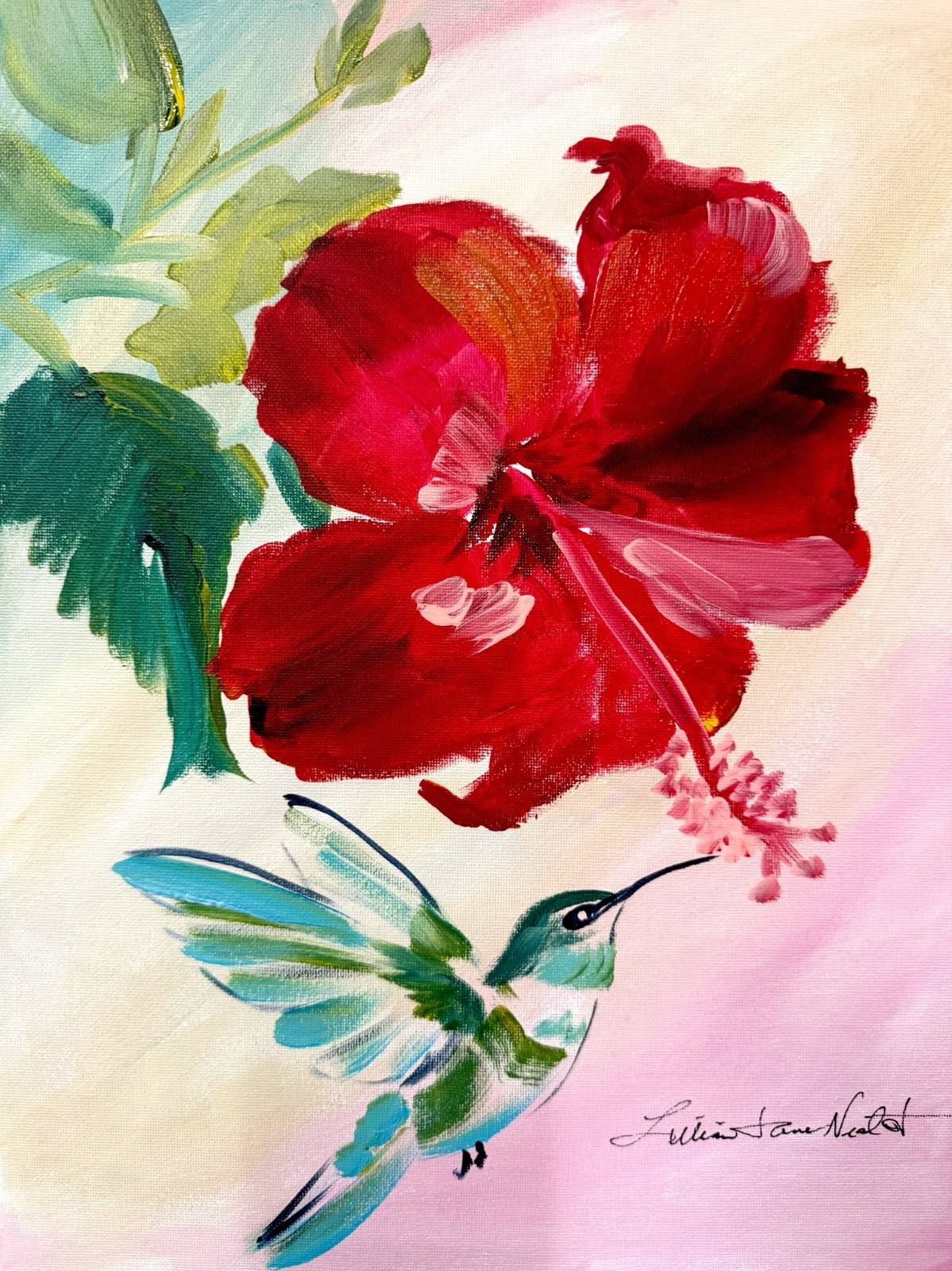 Hummingbird 16″x12″ Abstract Expressionsim Floral Original Design Home Art