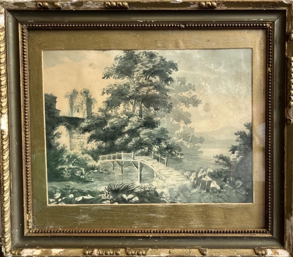 Antique Watercolour Painting GAINSBOROUGH SCHOOL Romantic Landscape 1800’s