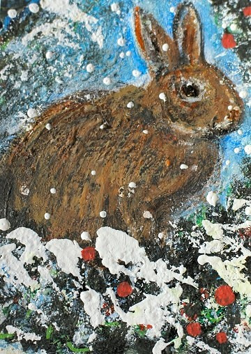 ORIGINAL ACEO Cottontail RABBIT Painting Winter Snow Bunny Animal Nature ATC ART