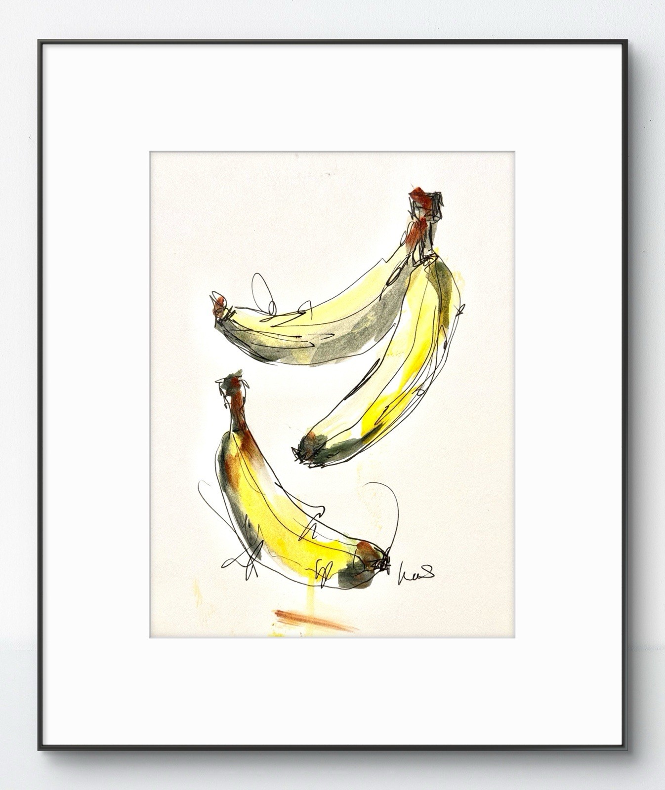 Original Abstract Expressionism 9X12 Three Bananas Paper Ink Handmade Signed 15