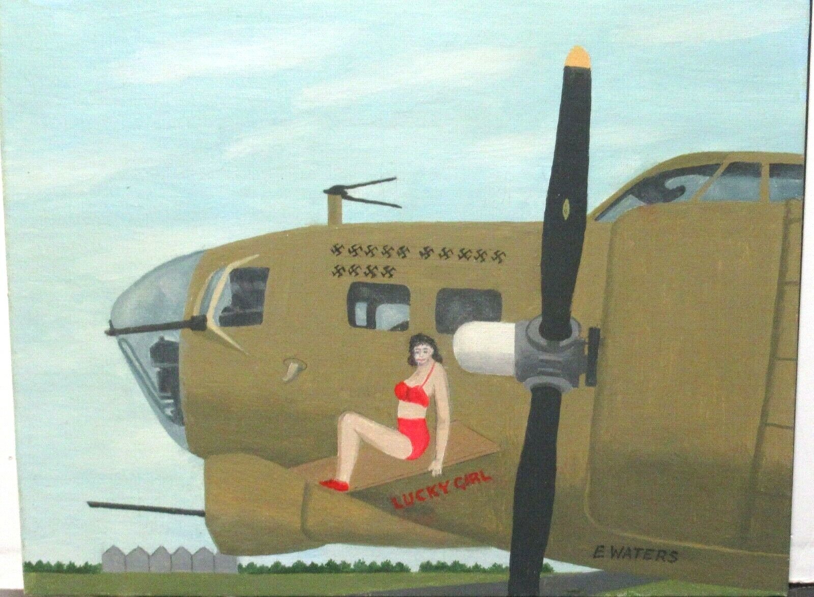 EDWARD WATERS B-I7 FLYING FORTRESS LUCKY GIRL ORIGINAL OIL MILITARY PAINTING