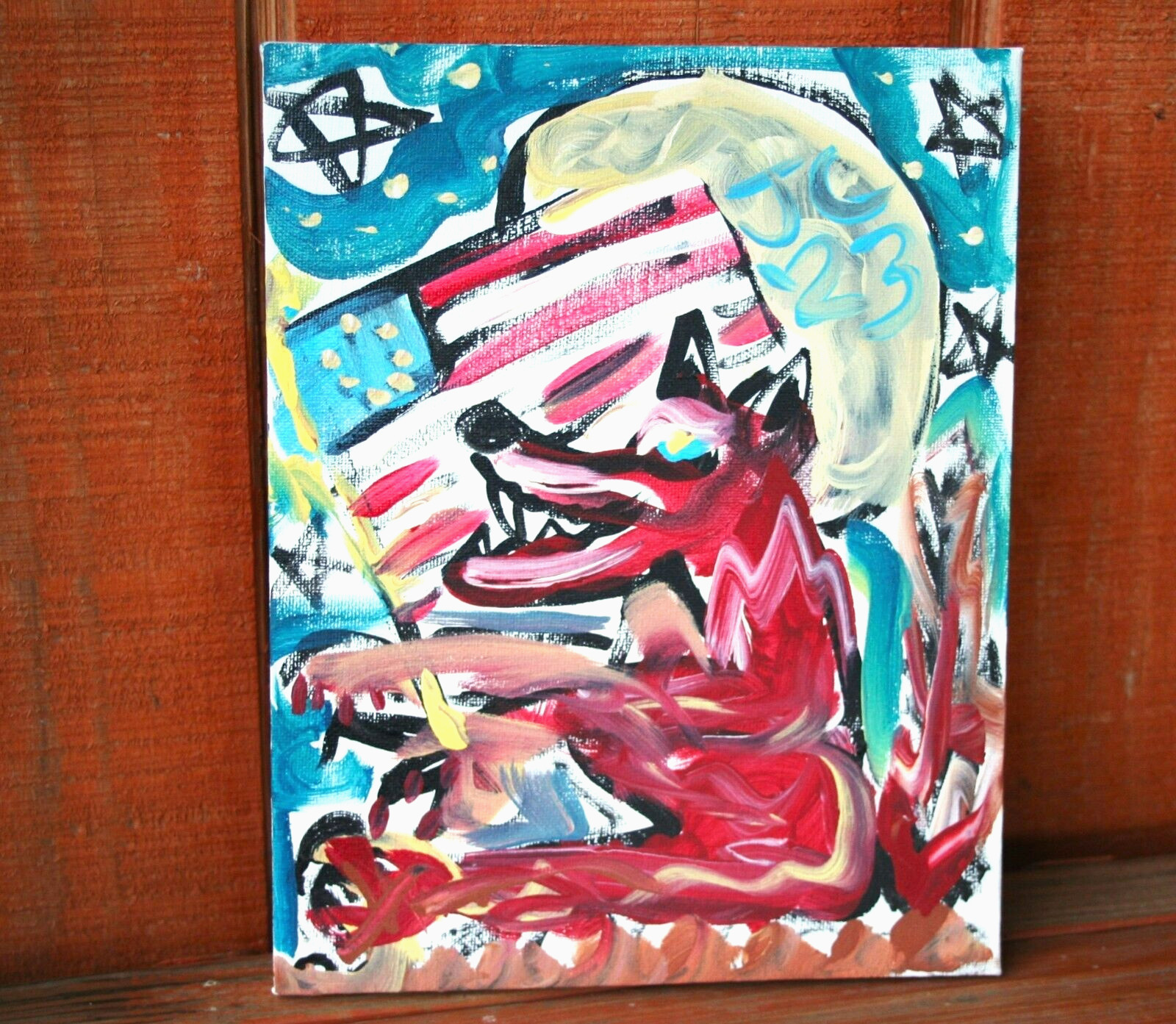 AMERICAN WEREWOLF PATRIOT WOLF MOON FLAG OUTSIDER FOLK ARTIST Jr CHARLIE FAST