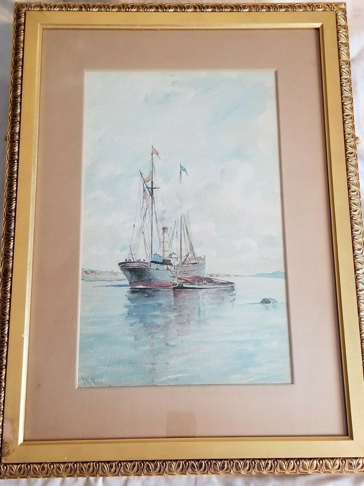 M Perrin Watercolor Painting on paper. Seascapes, Sailboats
