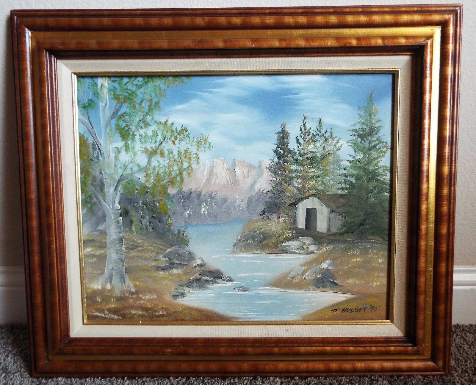 VTG M HULSEY CABIN ORIGINAL OIL LANDSCAPE PAINTING ON CANVAS LINEN MAT FRAMED