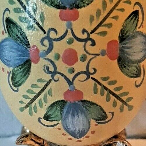 Yellow Blue Decorative Egg Hand Painted Folk Art Easter Decor Signed Wooden OOAK