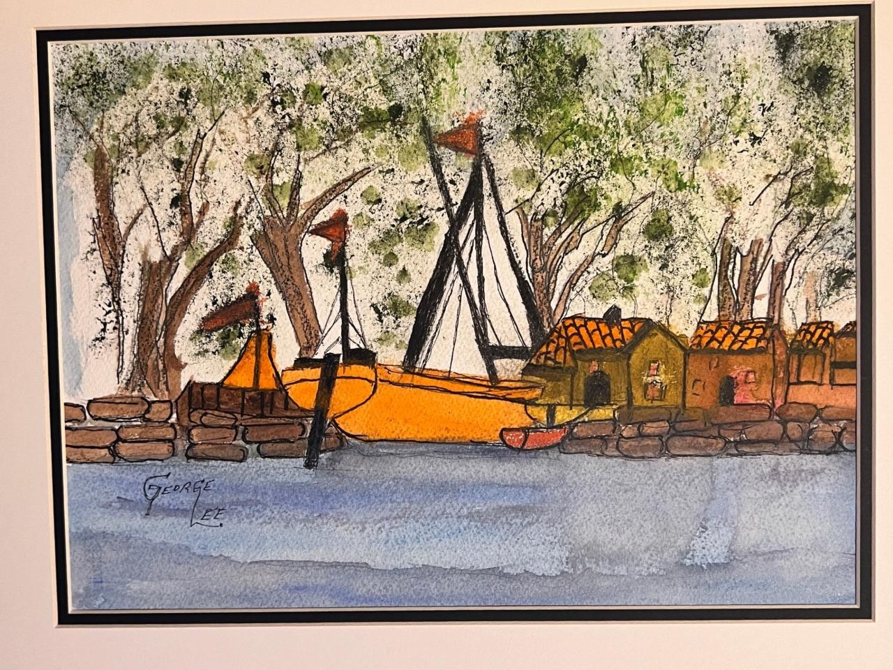 Vintage Artist Signed Watercolor & Gouache Painting Sailboats Houses Trees