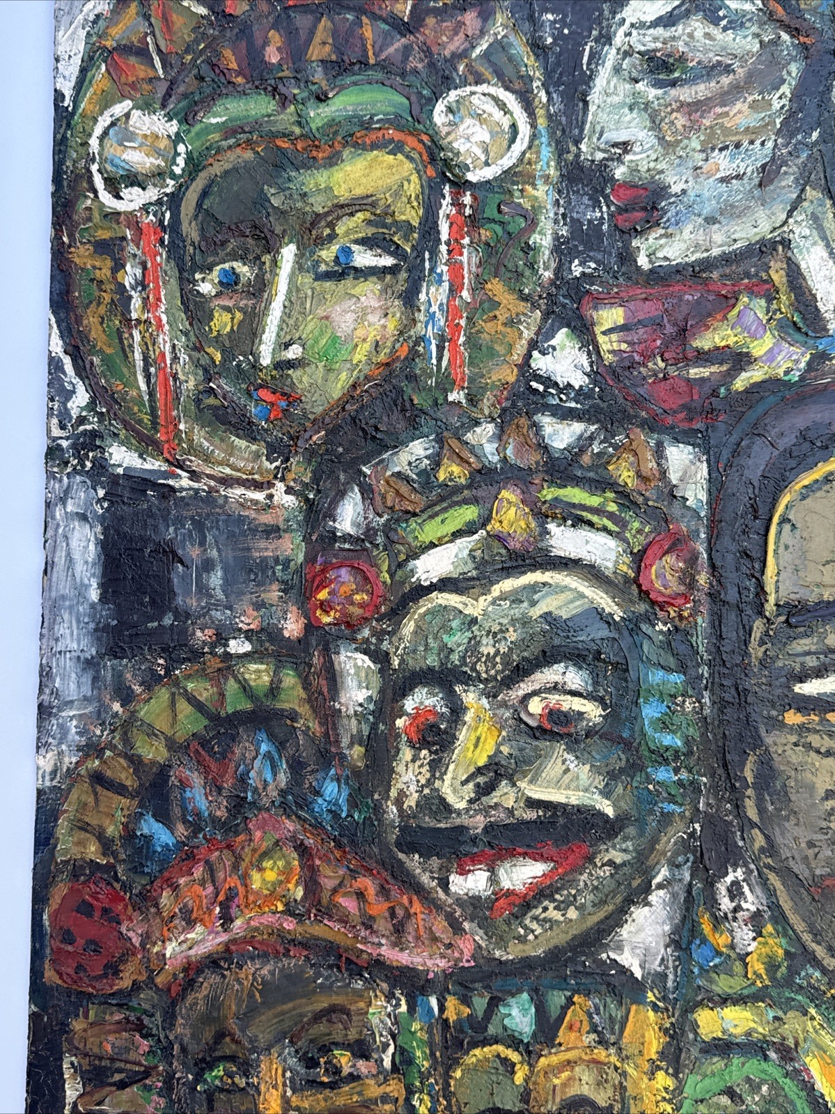 MID CENTURY PAINTING PORTRAIT ABSTRACT MODERNIST FACES HEADS ASIA INDIA MYSTERY