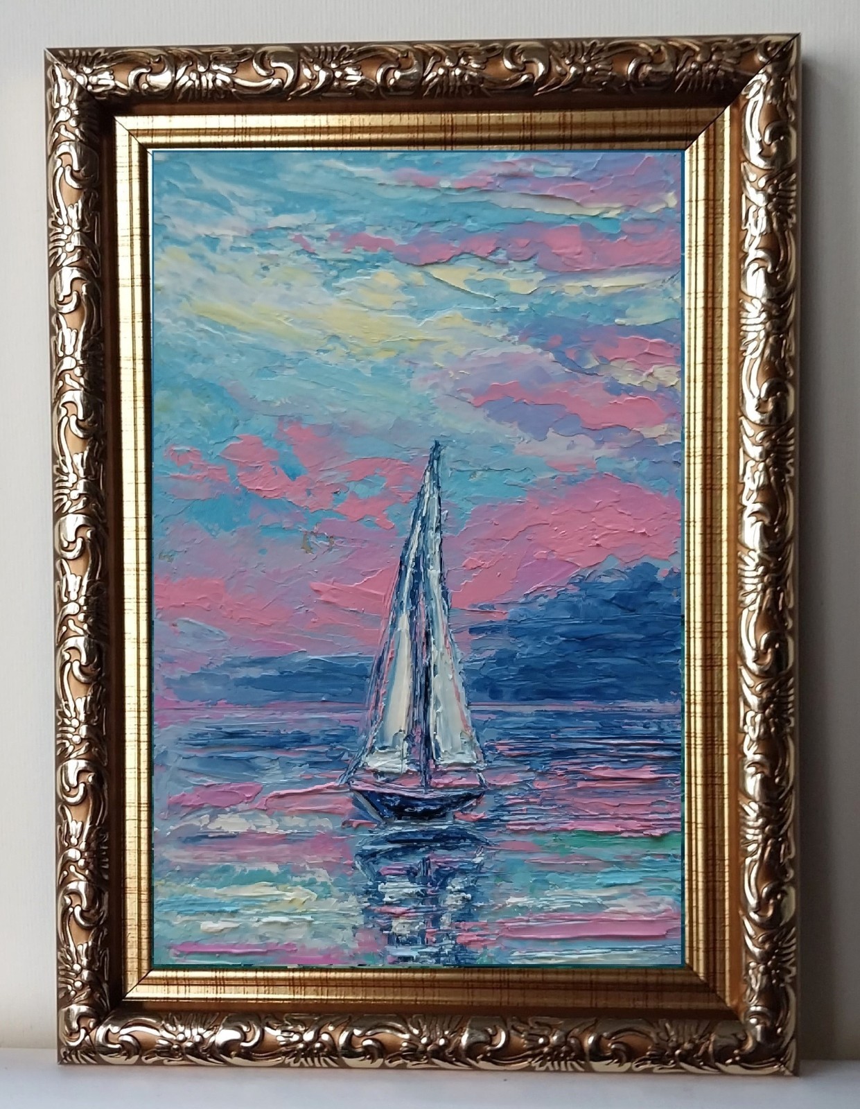 Framed Sailboat Art Mini Calm Seascape Pink Sunrise 4×6” Original Oil Painting