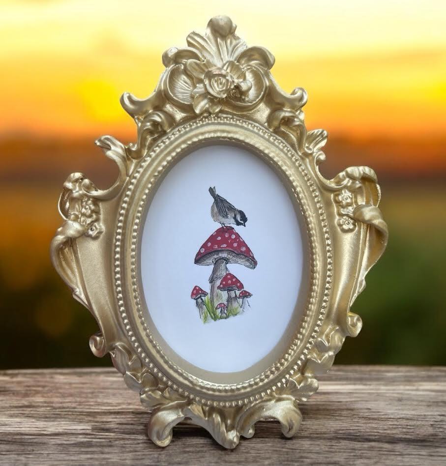 mini paintings & prints of birds & animals, vintage style ornate frame, mini art