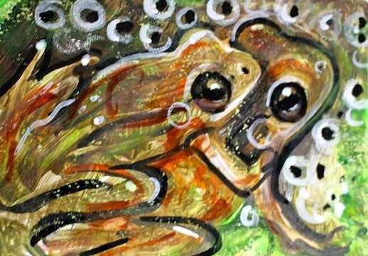 ORIGINAL ACEO Painting SPRING Peeper FROG & Eggs Amphibian Animal Pond ATC ART