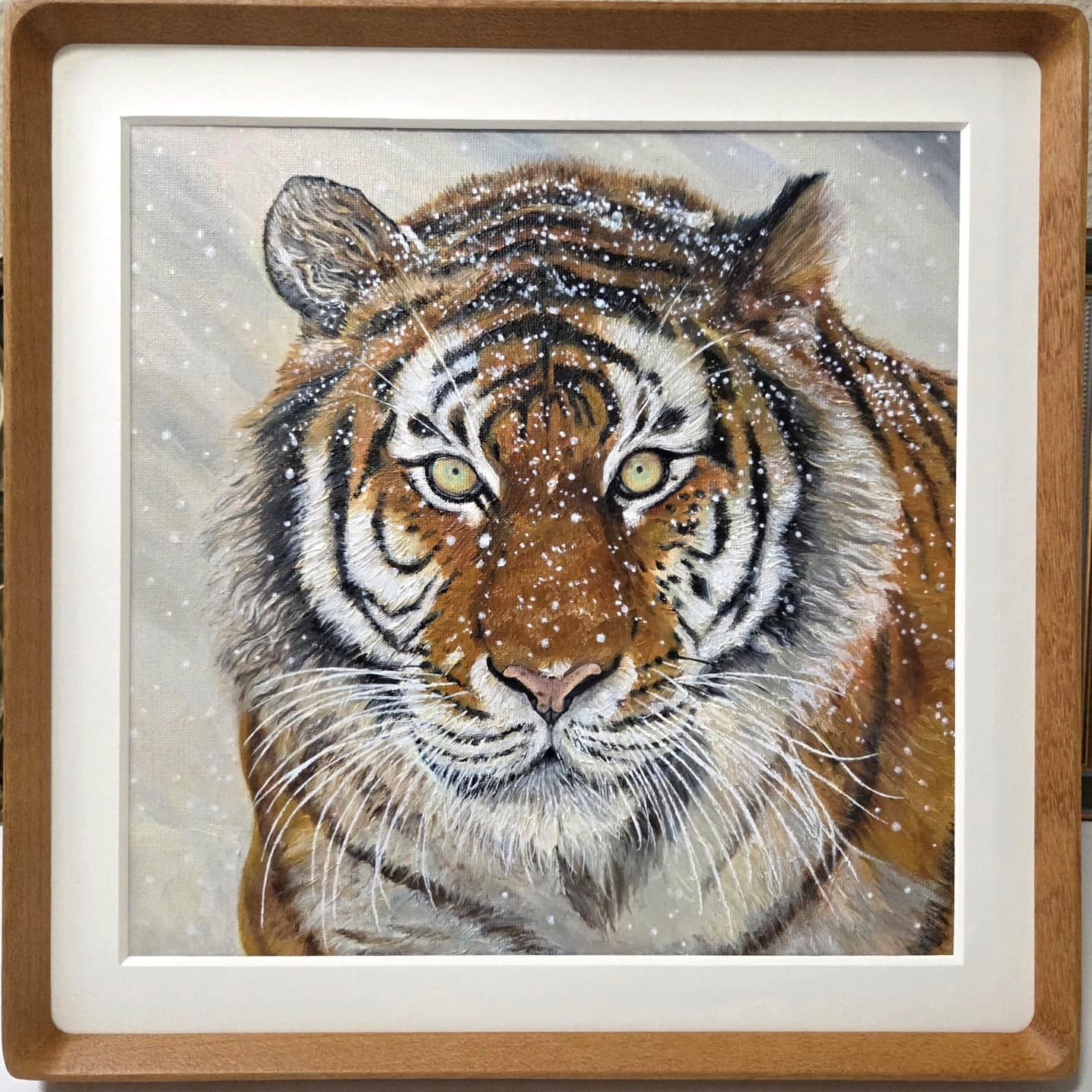Original Tiger Big Cat Acrylic Oil Painting on Canvas Panel, 12″x12″ Framed Deco
