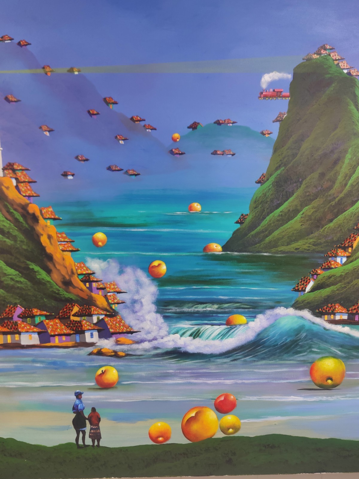 Gonzalo Endara Crow – Painting – Title & Signed – Beach Train Oranges (51″x51″)