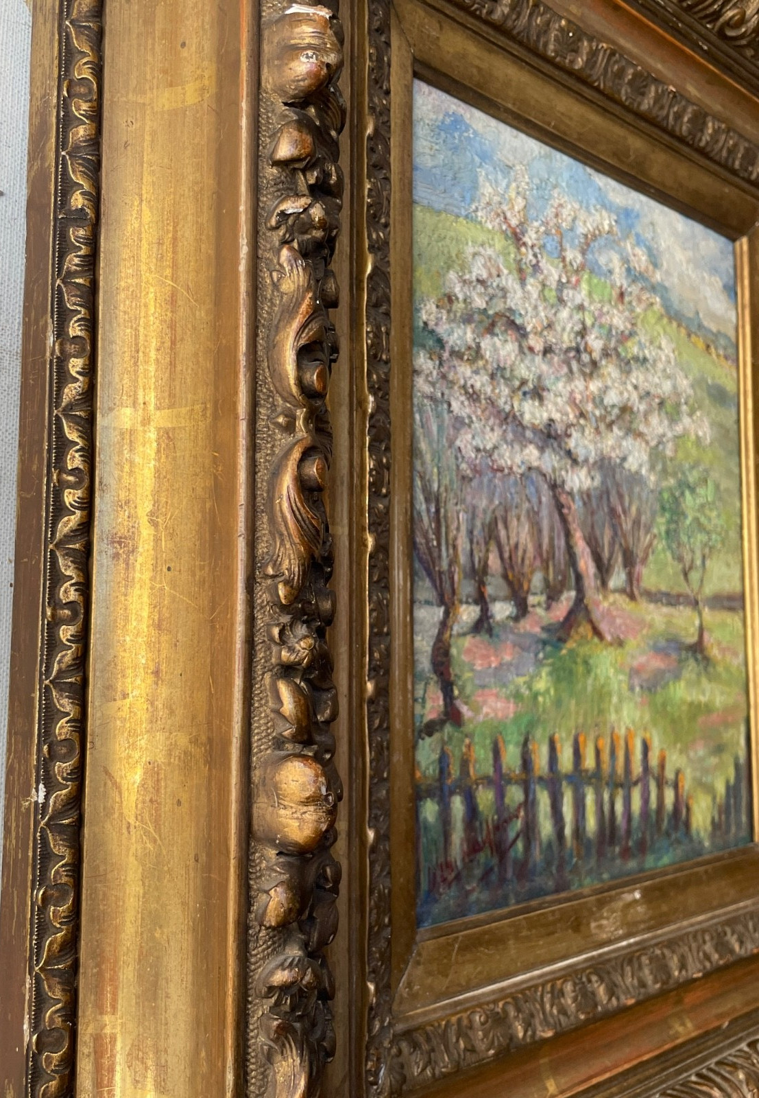 Antique Impressionist Oil Painting Panel Manner Pissarro Countryside in Spring