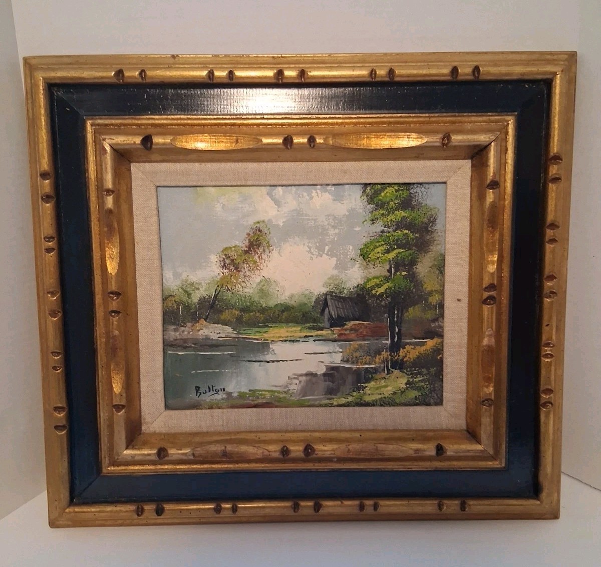 Bolton Canvas Oil Painting Framed Landscaping 18×16 Frame Black/Gold Vtg 8×10