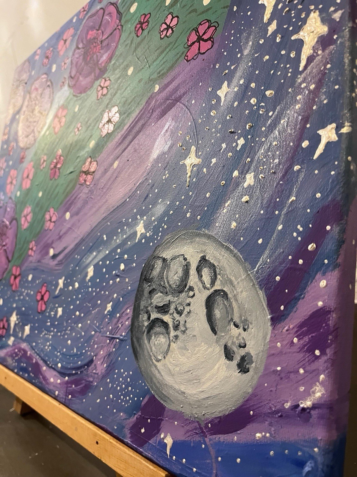 Original 16×20 Acrylic Painting Cosmic Floral Space Galaxy Textured Canvas