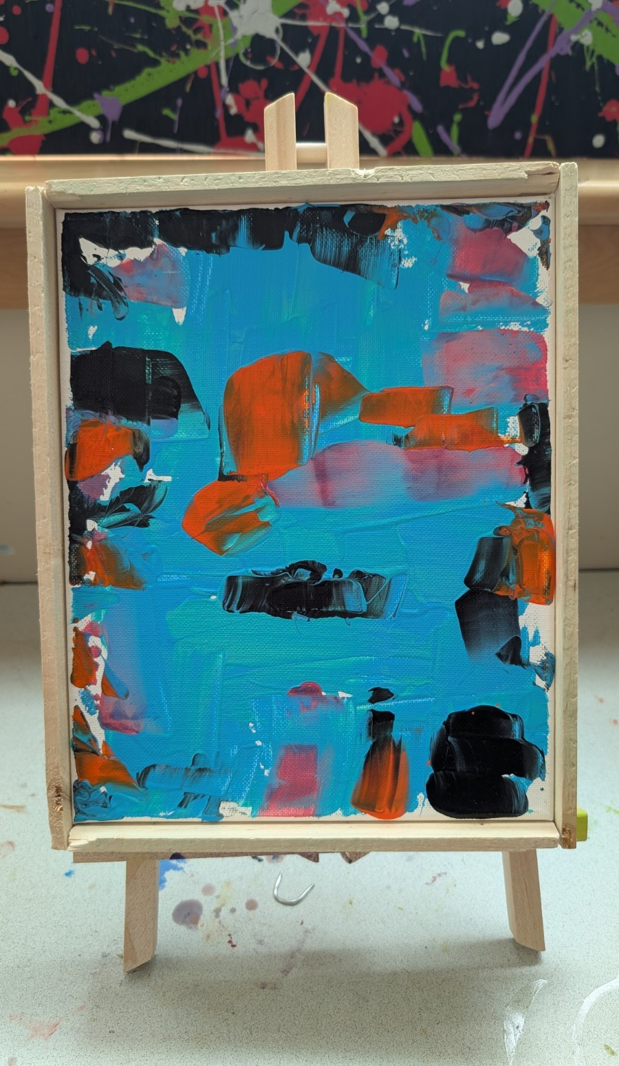 Framed Small Abstract Painting Blue with Orange & Black, Single Piece Wall Art