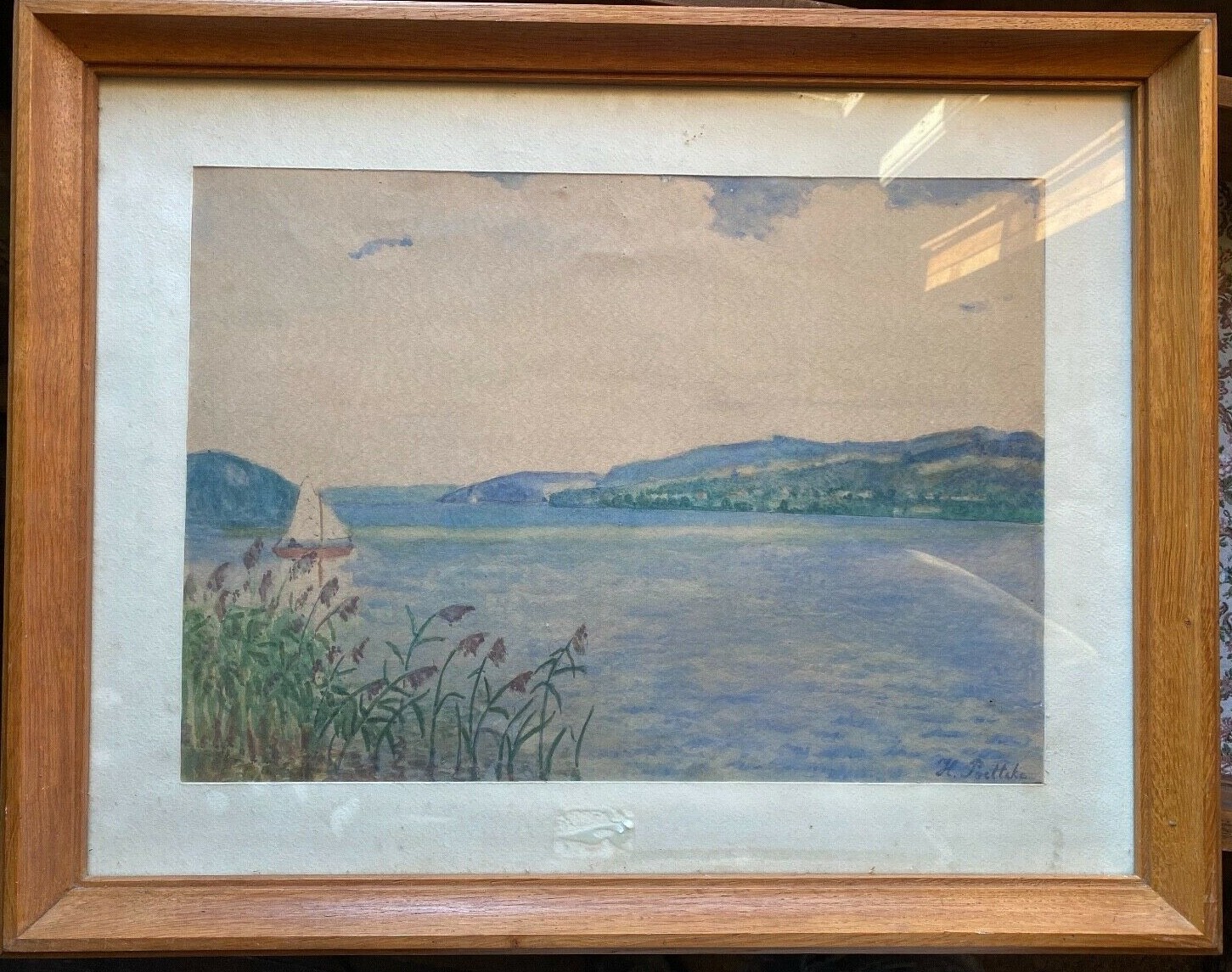 Watercolor Sailboats on the Water Signed Poettecke °Frame Reed on the Shore