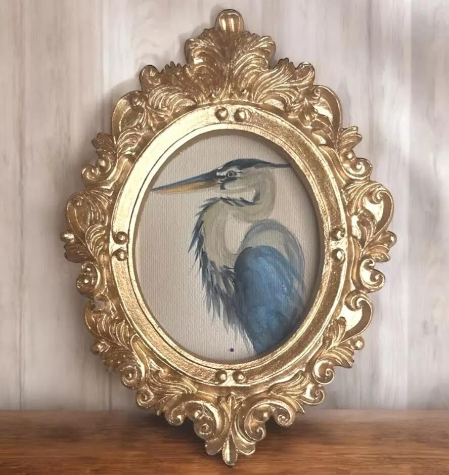 mini paintings & prints in vintage style ornate frame, mini art, birds & animals