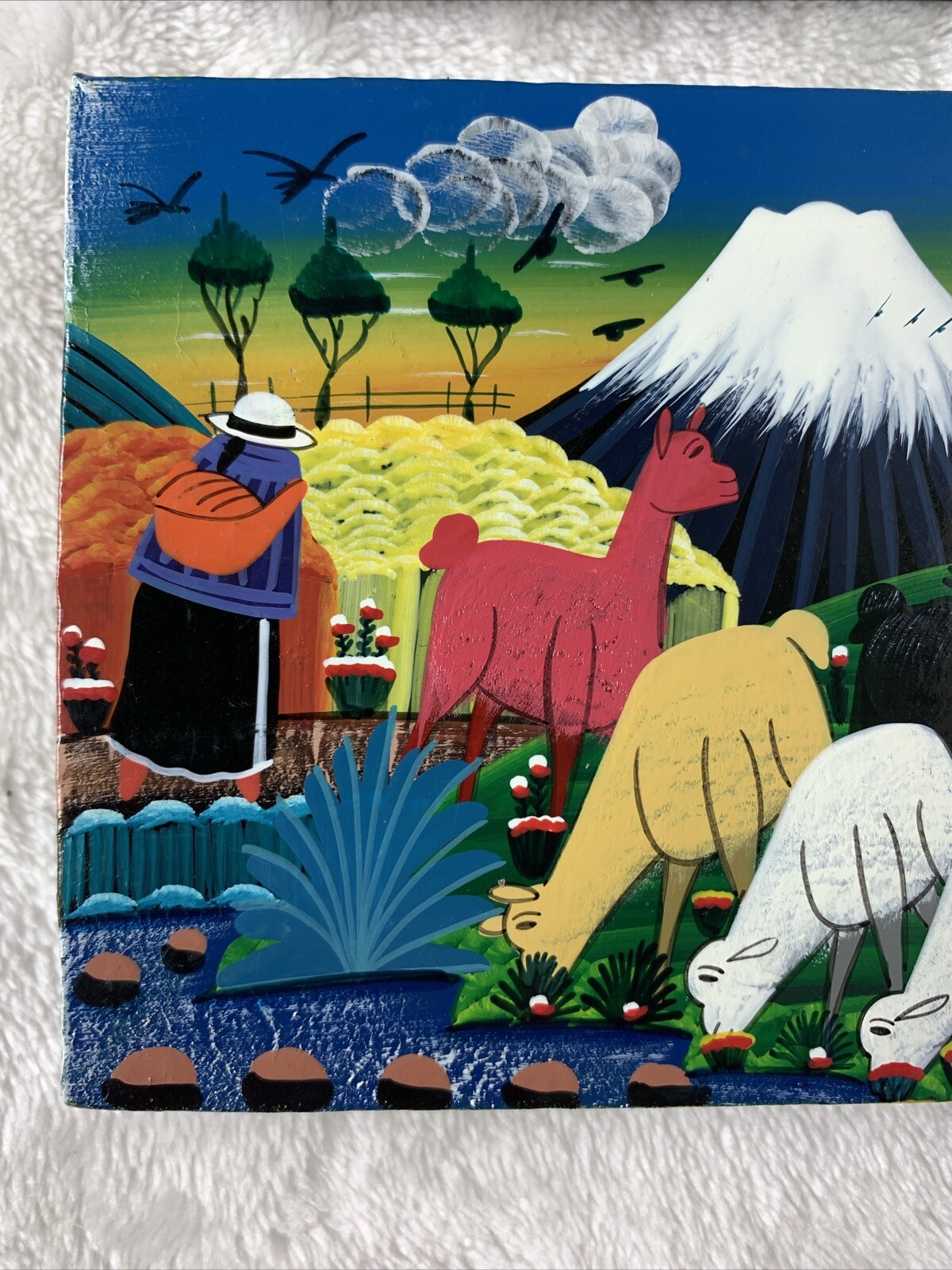Vintage Cotopaxi Ecuador Mini Paintings Hide Llama Alpaca Signed Pedro Vega Pair