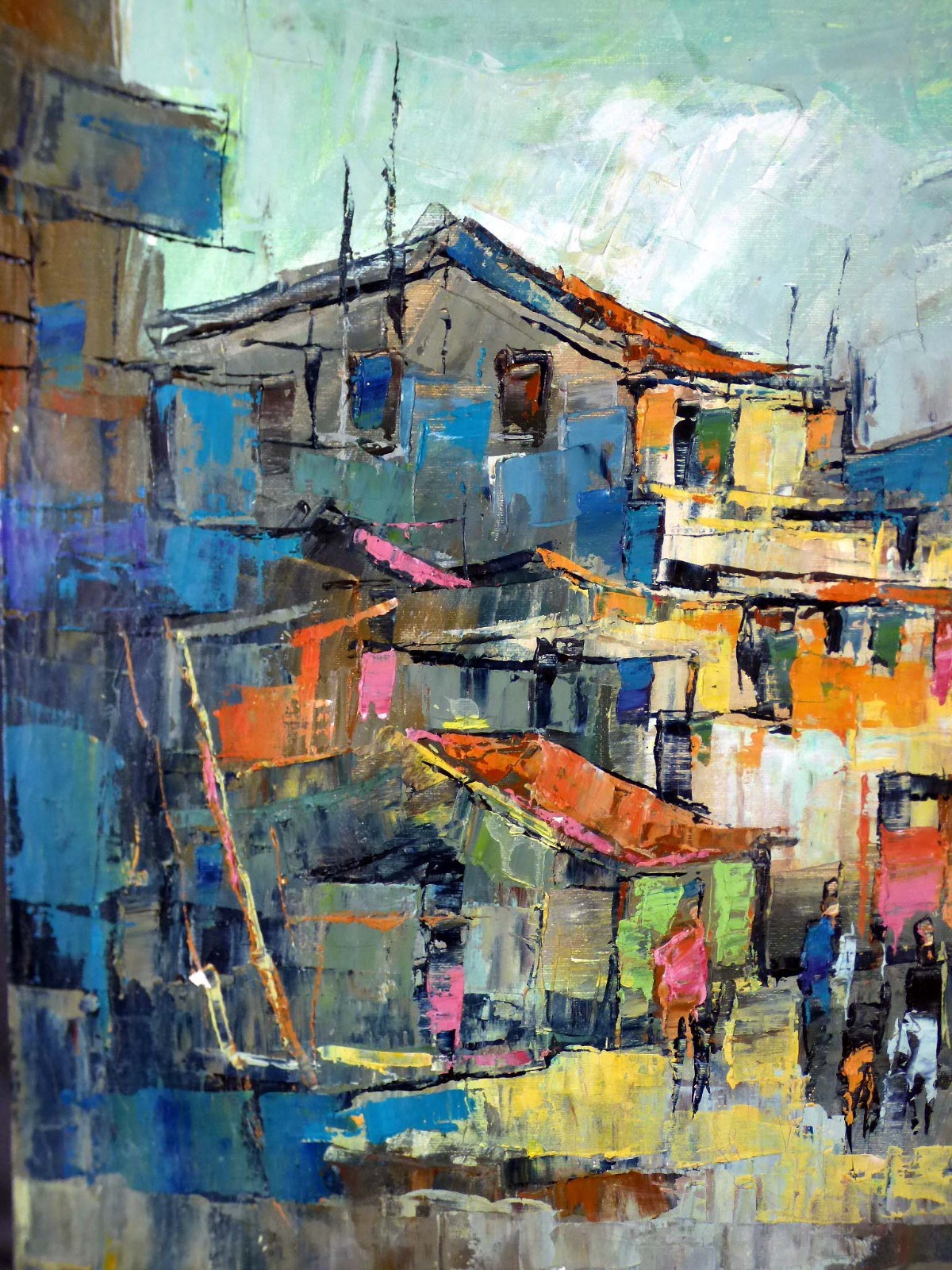 Mid Century Abstract Oil PAINTING Cityscape Palette Knife Rich Colors Signed